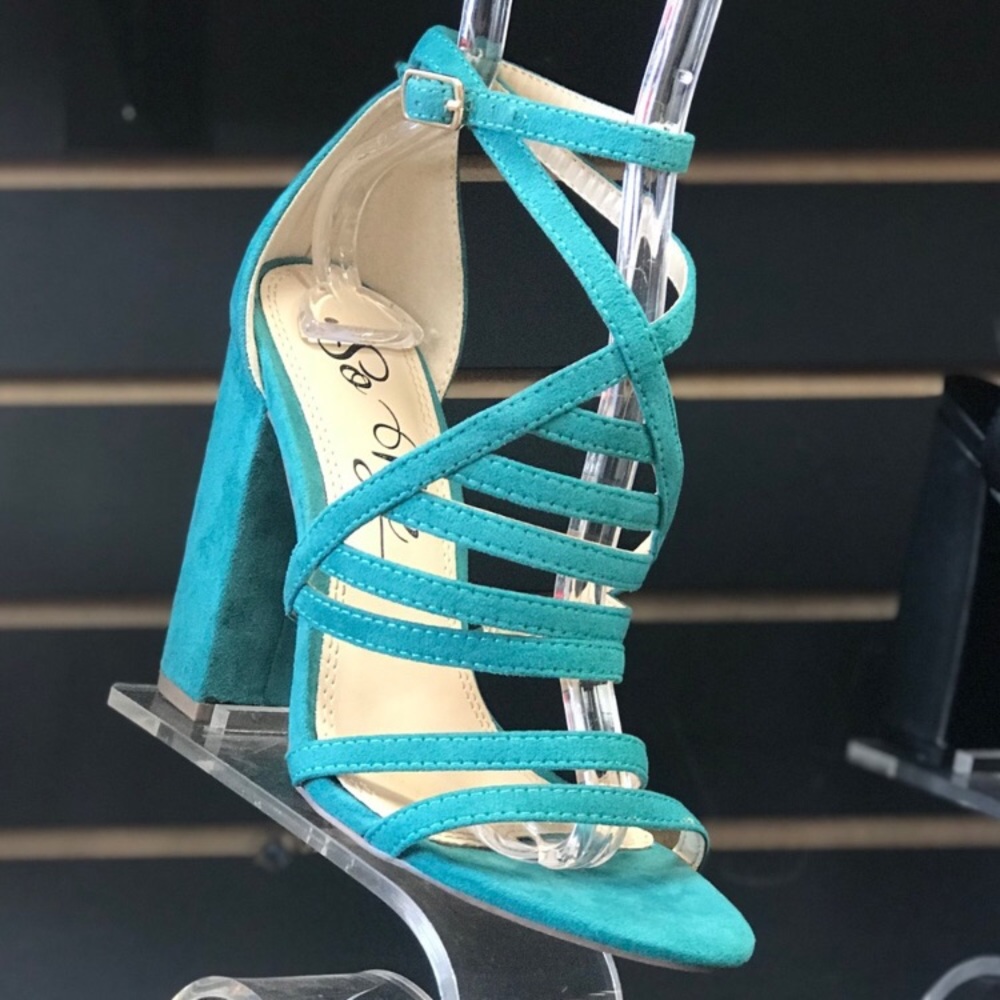 Chunky heel teal sandals